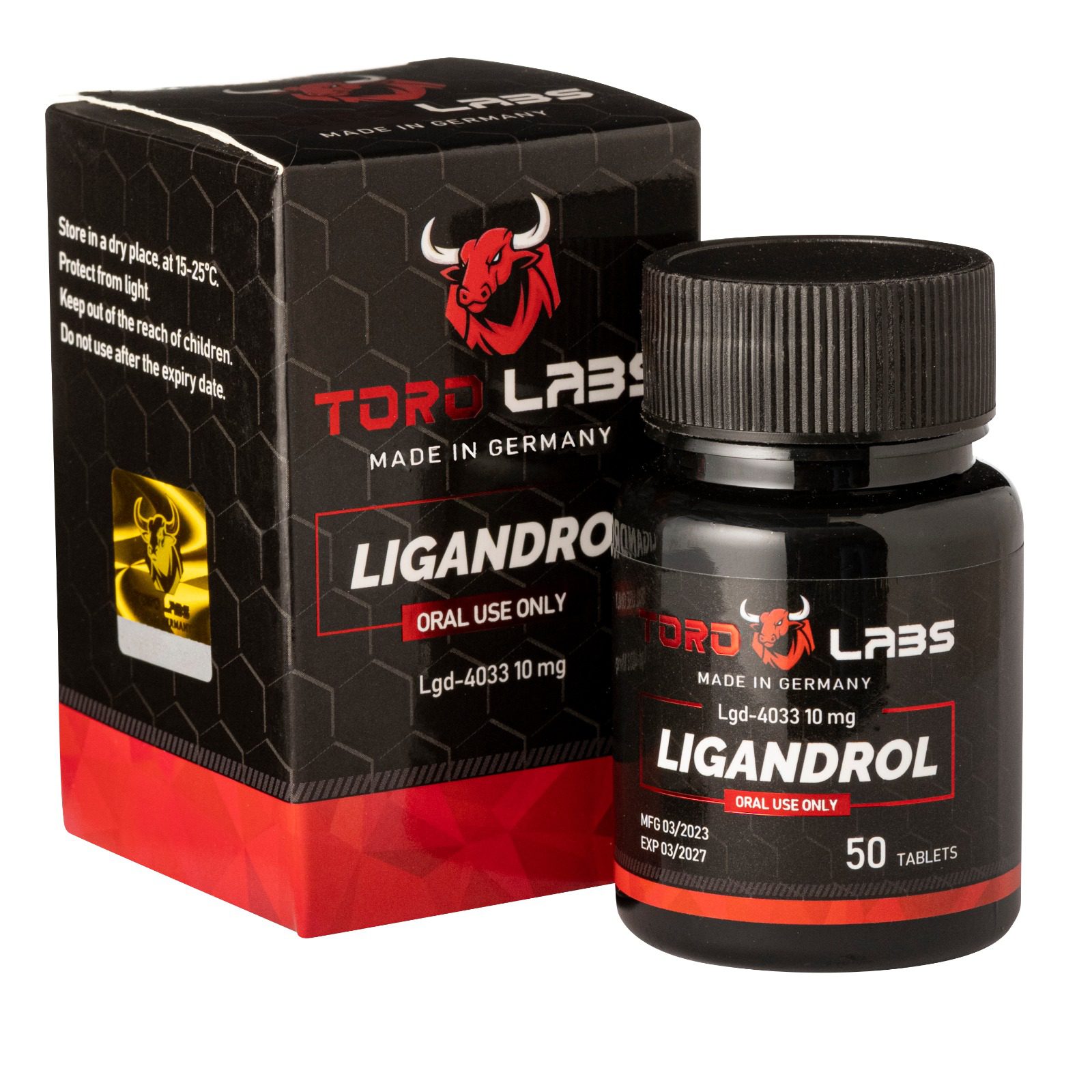 אריזת כדורים שחורה ואדומה של Toro Labs, כיתוב Ligandrol באנגלית