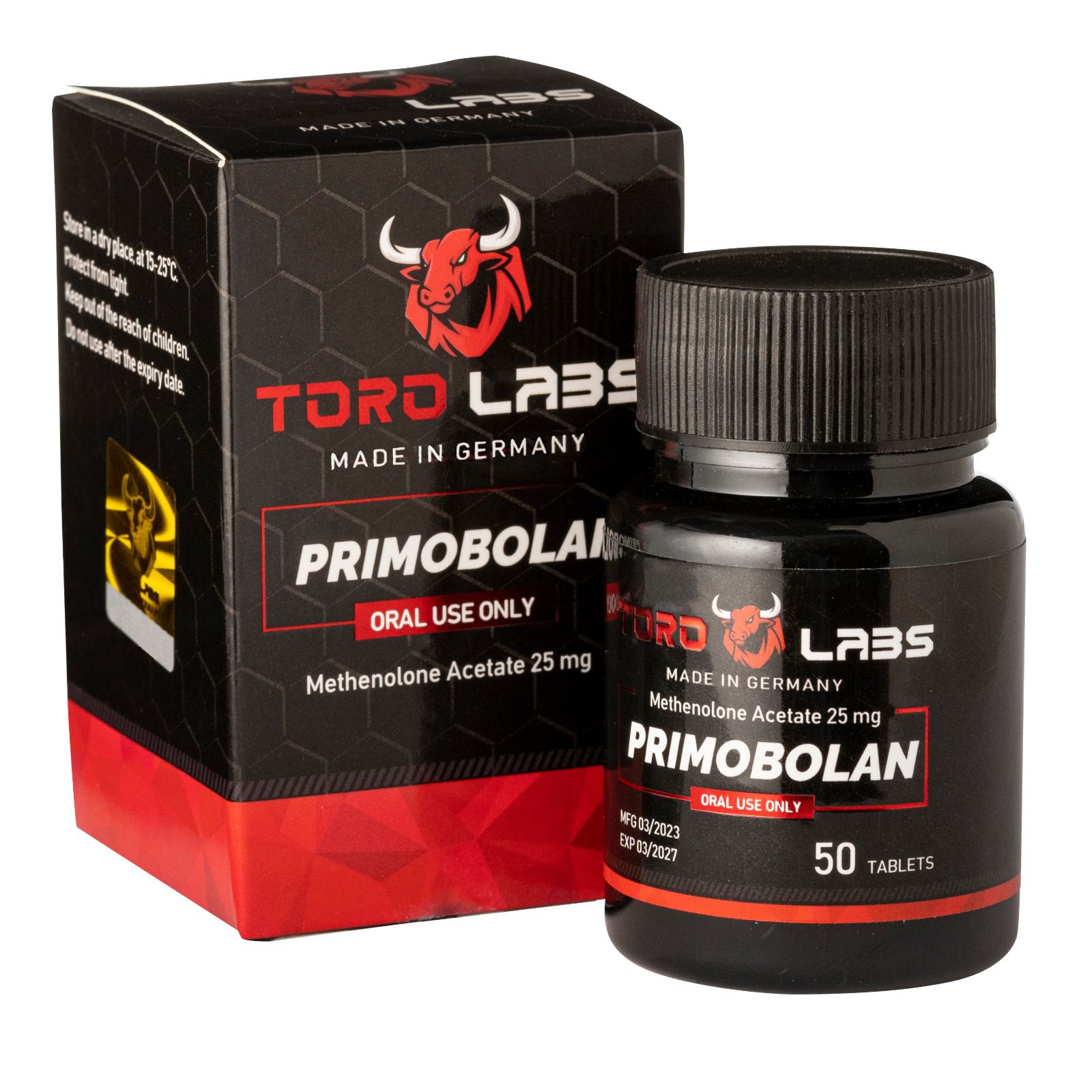 אריזת תוסף תזונה של Toro Labs, מכיל 50 טבליות פרימובולאן, תוצרת גרמניה