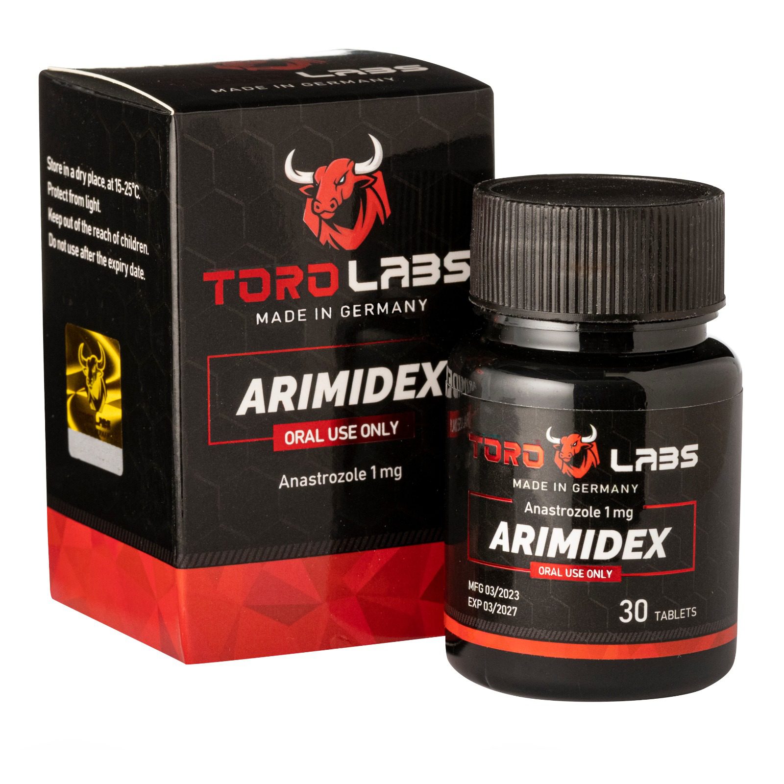 אריזת תרופה שחורה ואדומה של חברת Toro Labs, מכילה 30 טבליות של Arimidex