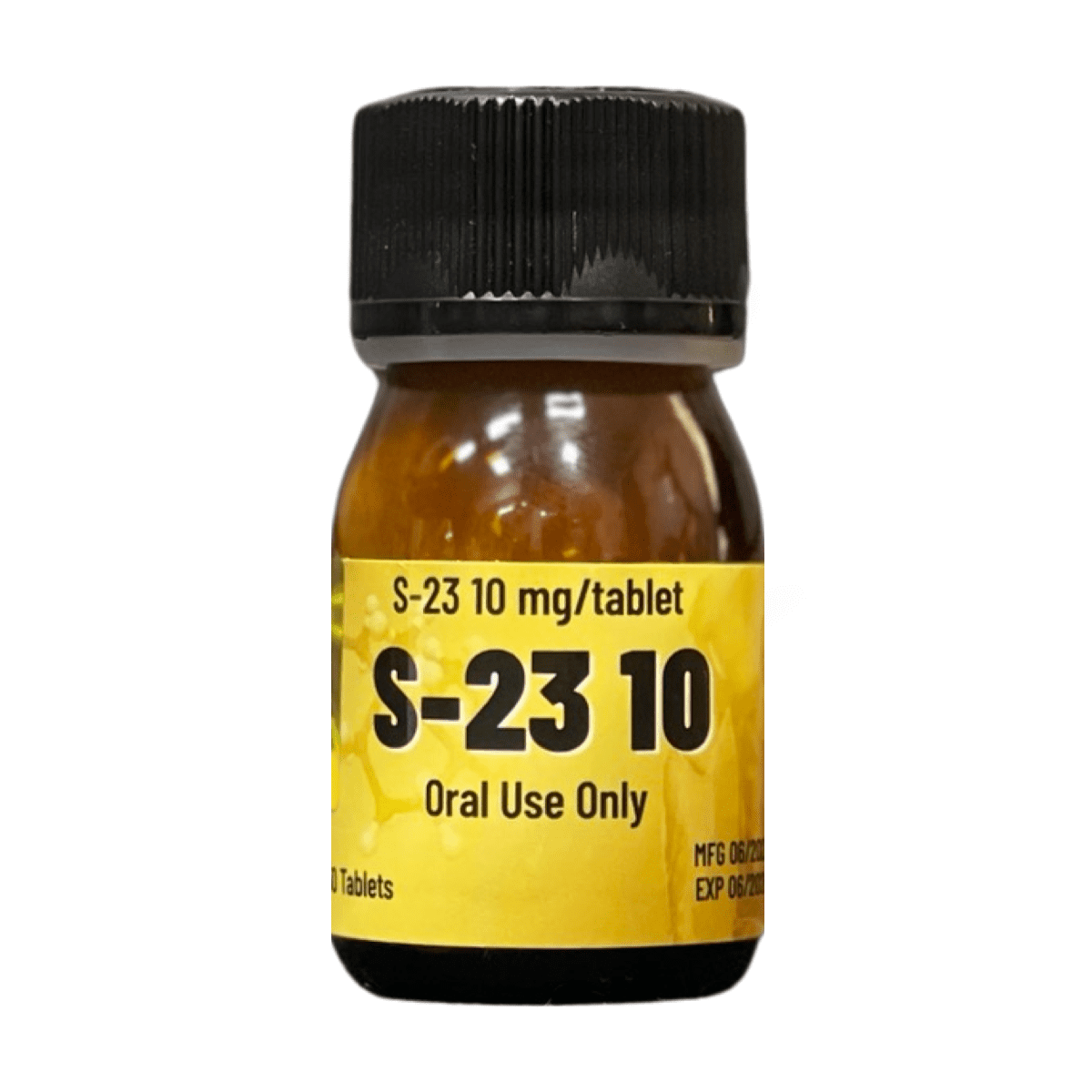 בקבוק תרופה כתום-חום עם מכסה שחור, מסומן S-23 10 mg למתן דרך הפה