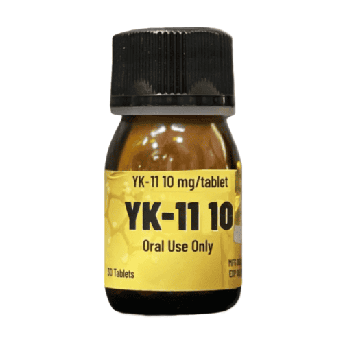 בקבוק כדורים צהוב ושחור של YK-11, למינון של 10 מ"ג לטבליה.
