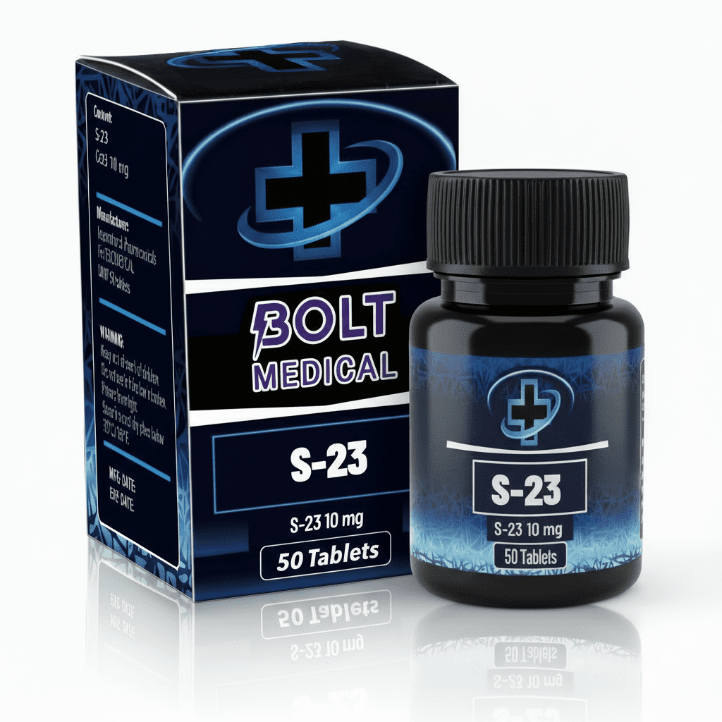 אריזת תרופות שחורה וכחולה של S-23 ממותג Bolt Medical